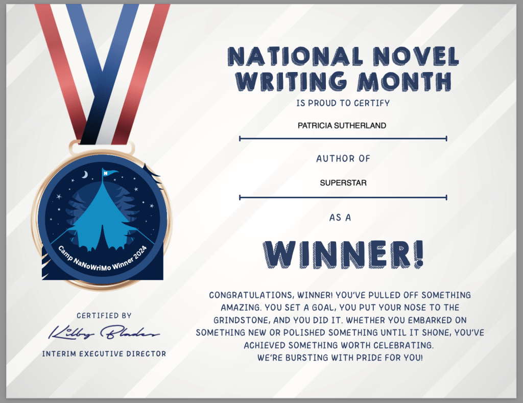 Diploma de ganadora del Camp NaNoWriMo Julio 2024. Patricia sutherland